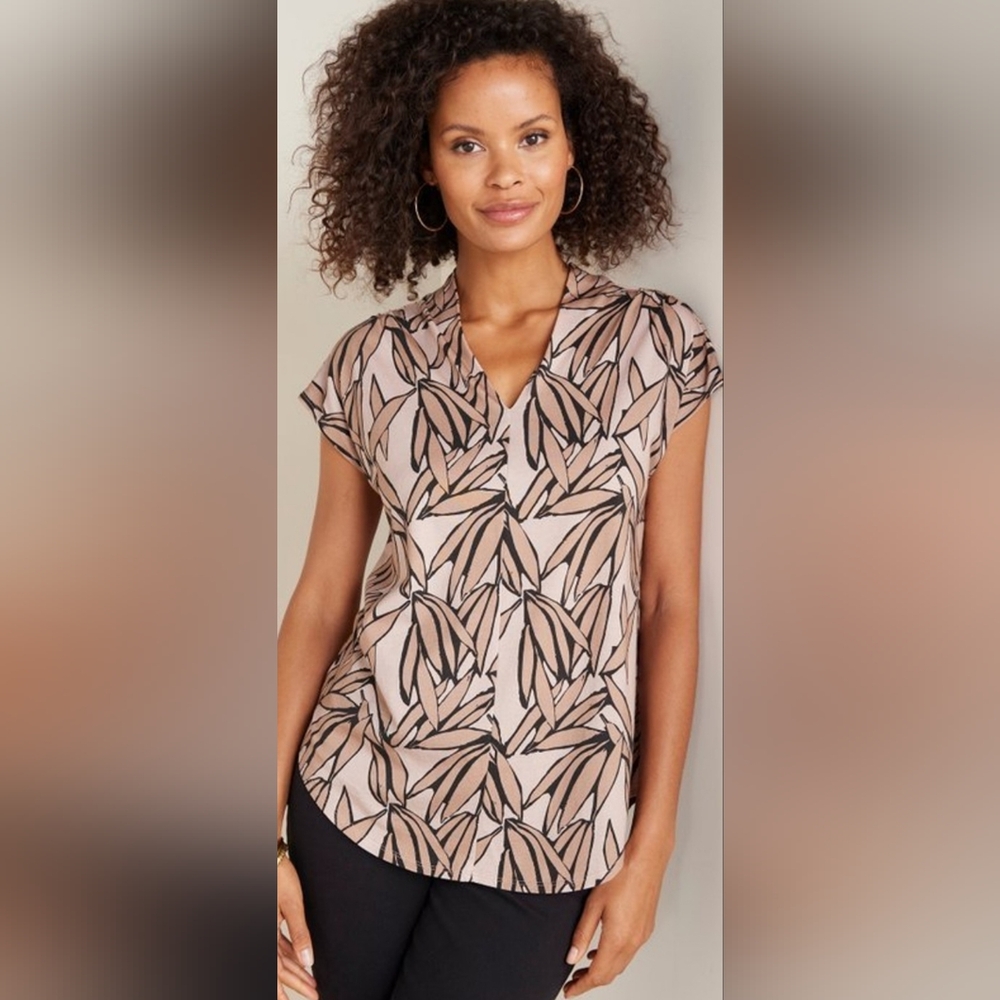 Soft Surroundings V-Neck Blouse Beige Black Leaf Print Cotton Modal Size Small
